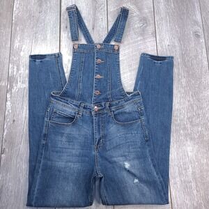 Guess Jeans Womens Button Bib Denim Overall Size 28 Blue Distressed Jeans